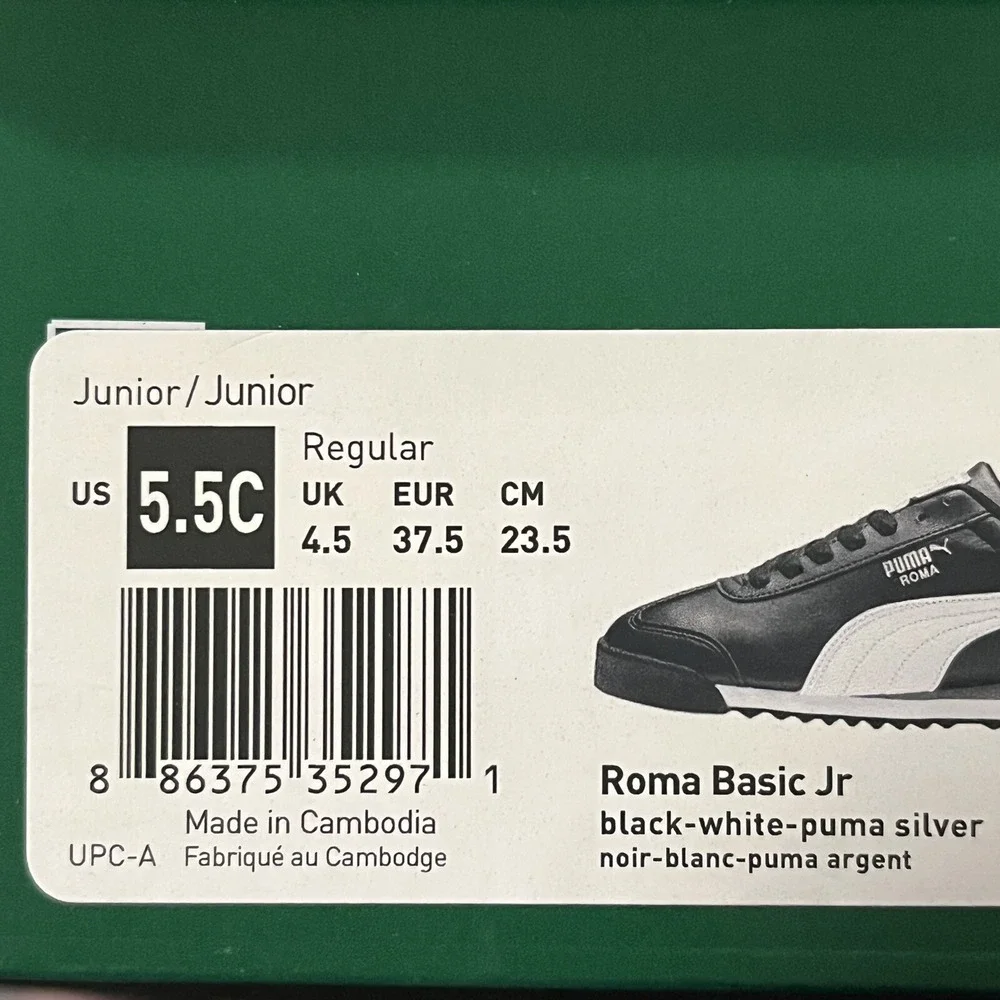 Puma Roma Youth Boys Low Top Sneakers Size 5.5 Black-White Lace Up Faux Leather